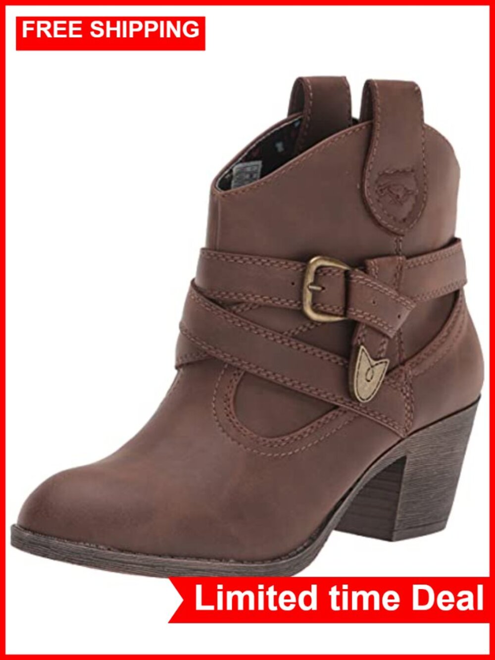 Western Ankle Bootie Slip-On Synthetic Upper Faux Stacked Heel